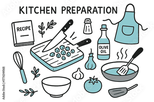 Kitchen Prep Doodles. // Kitchen preparation. Hand-drawn doodle illustration kitchen preparation [chopping board (accented), knife, diced vegetables