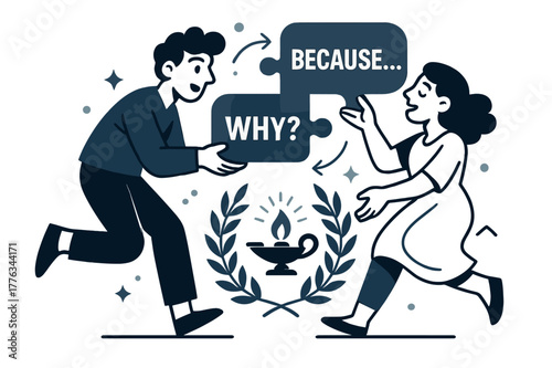Puzzle Piece Dialogue. Socratic dialogue. Two figures trade speech bubbles shaped like puzzle pieces; ?Why?? and ?Because?? connect. A laurel wreath frames a
