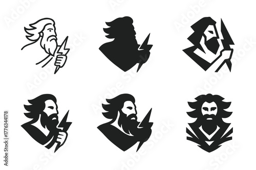 Ancient Deities Logos. Ancient gods and goddesses in a mystical landscape. Set Logo of Ancient gods and goddesses in a mystical landscape: Zeus thunderbolt.