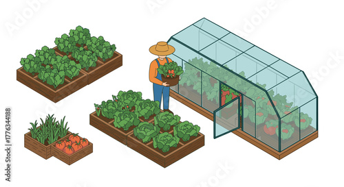 Isometric garden with greenhouse sustainable farming concept with raised beds and farmer