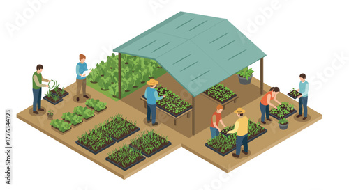 Isometric community garden with people planting and caring for vegetable beds