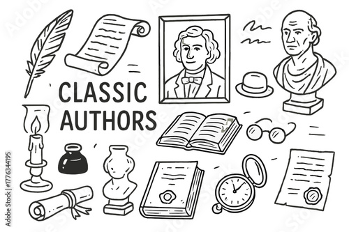 Classic Authors Icons. Classic authors. Hand-drawn doodle illustration classic authors quill, scroll, old book, ink bottle, candle, glasses, portrait frame,