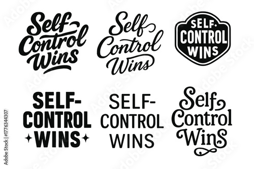 Creative Lettering Variations. Self-Control Wins. Set lettering. harmonious lettering variations of the same emblematic concept, each with different artistic