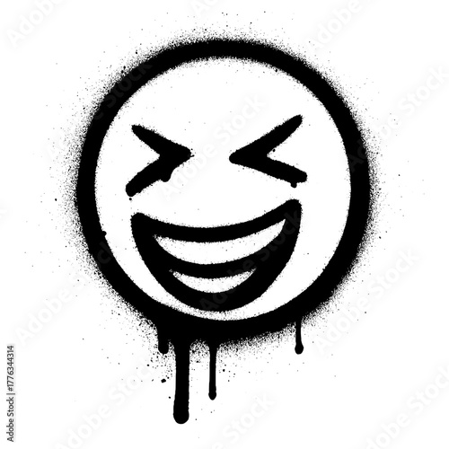 Black spray paint graffiti of a laughing emoji face with closed eyes and a big open mouth, featuring paint drips on a white background.