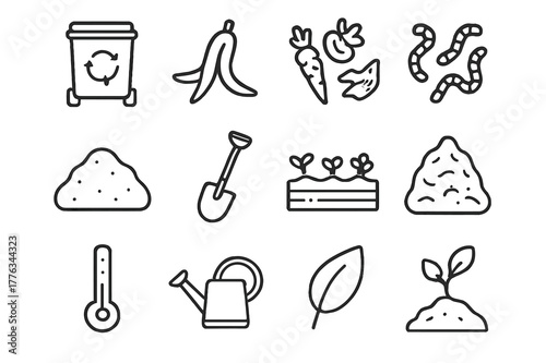 Composting Icon Set. Composting. Line icon set of composting: compost bin, banana peel, vegetable scraps, worms, soil, shovel, garden bed, compost pile,
