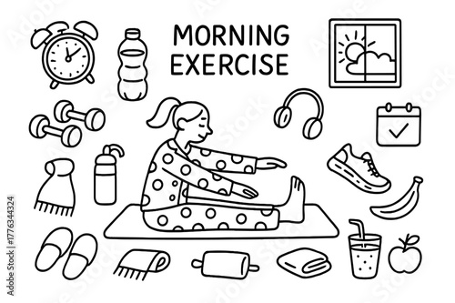 Morning Exercise Doodle. Morning Exercise. Hand-drawn doodle illustration Morning Exercise yoga mat, dumbbells, stretching, water bottle, alarm clock, sun,