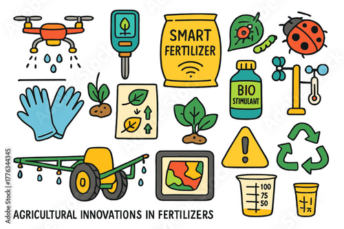 Agricultural Innovations Icons. Agricultural innovations in fertilizers and plant protection. Colorful Hand-drawn doodle Children illustration Agricultural