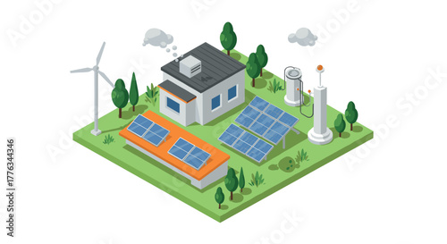 Ecofriendly energy house with solar panels and wind turbine in isometric style