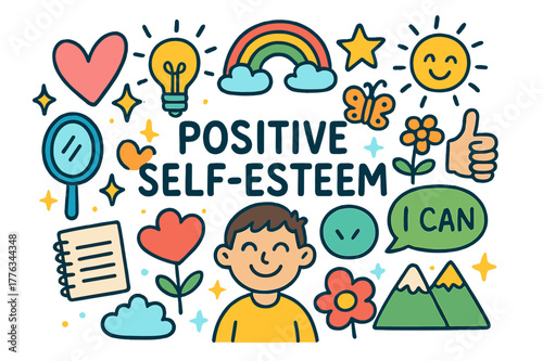 Positive Doodle Energy. Positive self-esteem. Colorful Hand-drawn doodle Children illustration Positive self-esteem smiling person, heart, light bulb, star,
