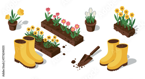 Isometric gardening elements with boots, flowers, and tools on white background