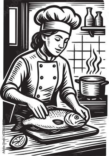 chef woman cooking fish hand drawn vector illustration
