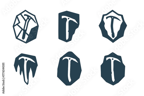 Ice Climbing Logos. Ice climbing. Set Logo of Ice climbing: ice axe on frozen wall. harmonious logo variations of the same emblematic concept, each with