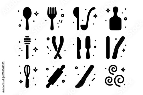 Handmade Wooden Utensils. Handmade Wooden Utensils. Solid icons set of Handmade Wooden Utensils: spoon, fork, ladle, spatula, honey dipper, salad tongs,