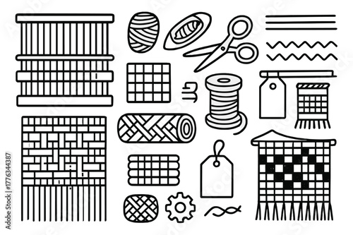 Woven Fabric Tools. Woven fabrics. Hand-drawn doodle illustration woven fabrics loom, yarn, shuttle, warp threads, pattern grid, scissors, spool, stripe lines,