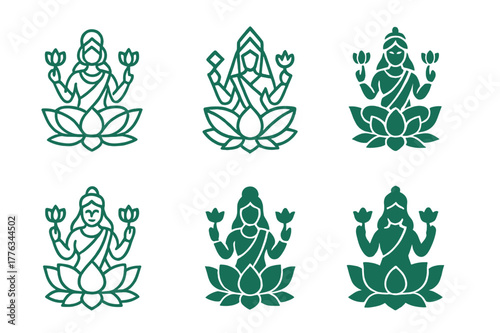 Ancient Deities Logo Variations. Ancient gods and goddesses in a mystical landscape. Set Logo of Ancient gods and goddesses in a mystical landscape: Lakshmi