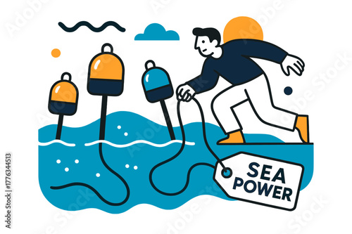 Wave Energy Dynamics. Tidal & Wave Energy. Bobbing floats rhythmically pump as a submarine cable snakes to shore; a tag says ?Sea Power.? Foam dots sparkle