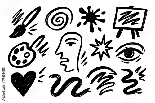 Abstract Expressionist Doodles. Wild brush strokes (expressionism). Hand-drawn doodle illustration wild brush strokes (expressionism) paintbrush, palette,