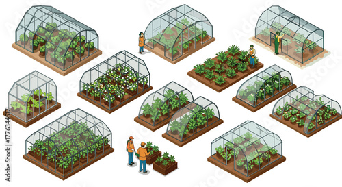 Diverse greenhouse designs featuring plants and gardeners in isometric style