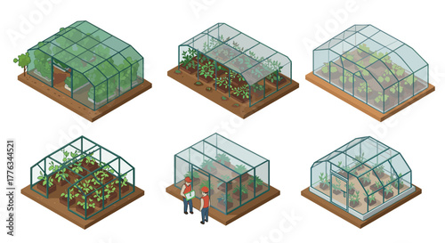 Diverse greenhouse designs featuring isometric views with plants and farmers