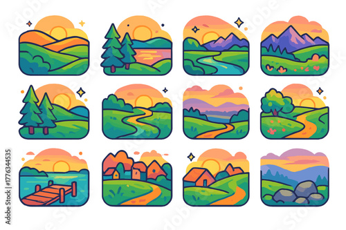 Dawn Landscape Icons. dawn landscapes. Colorful isometric vector icons set of dawn landscapes: rolling hills, calm lake, pine trees, mountain ridge, winding