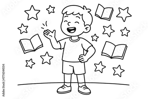 Storytelling Kid with Stars. Storytelling moment children?s coloring book illustration, outlined drawing, a kid standing proudly and telling a story while