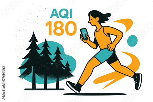 Running Amidst Smoke. Air pollution ? Wildfire smoke drift. Pine silhouettes dissolve into soft ash dots; a runner checks air quality on a phone. ?AQI ? glows