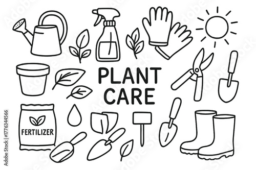 Plant Care Essentials. Plant care. Hand-drawn doodle illustration plant care watering can, spray bottle, gloves, pruning shears, pot, leaves, fertilizer bag,