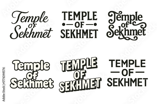 Temple Emblem Typography. Temple of Sekhmet. Set lettering. harmonious lettering variations of the same emblematic concept, each with different artistic