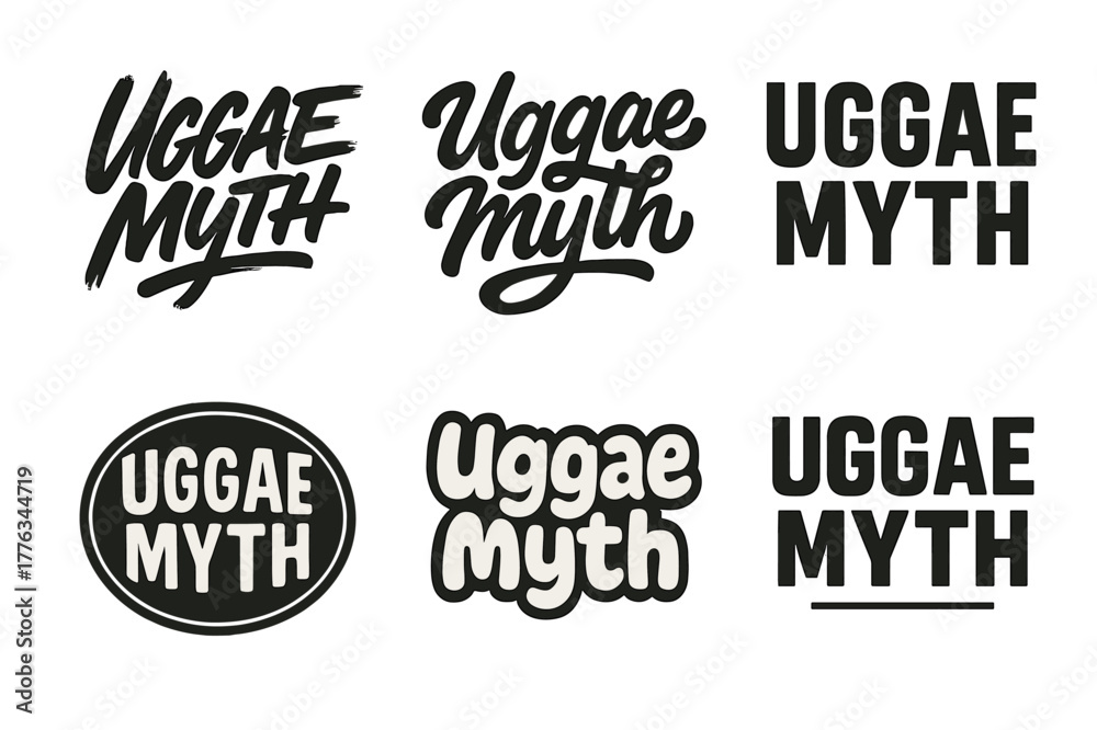 Fototapeta premium Uggae Lettering Variations. Uggae Myth. Set lettering. harmonious lettering variations of the same emblematic concept, each with different artistic