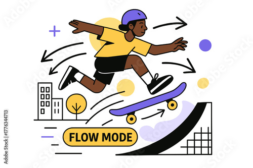 Dynamic Skateboarding Adventure. People engaging in sports and recreational activities ? Skateboarding downtown. A skater kicks off from a ramp; arrows mark