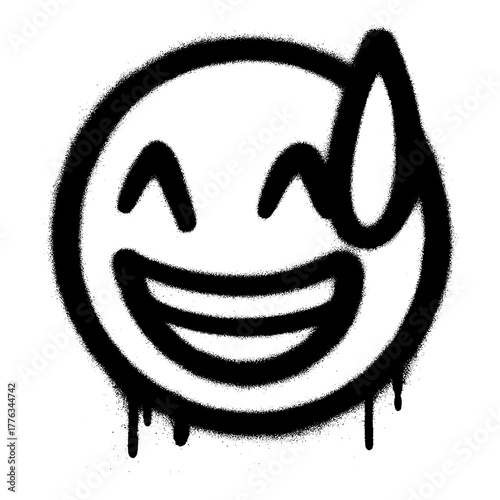 Graffiti of a smiling emoji face with a sweat drop, spray painted in black on a white wall, featuring dripping paint details for an urban street art effect.