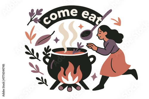 Hearty Gathering Bowl. Keeper of the Hearth ? Gathering Bowl. A heavy pot steams over low flame; herbs and ladle orbit in a gentle circle. Text ?come eat?