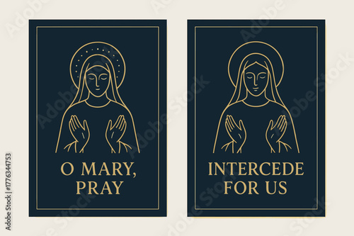 Marian Prayer Banners. Marian Intercession. Two vertical A6 banners with safe margins, centered composition, no elements touching edges, minimal, navy and