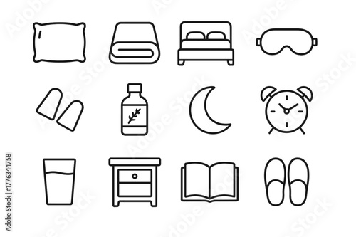 Sleep Essentials Icons. Sleep Essentials. Line icon set of Sleep Essentials: pillow, blanket, bed, sleep mask, earplugs, lavender bottle, moon, alarm clock,