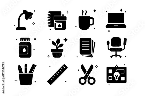 Creative Workspace Icons. Creative Workspace. Solid icons set of Creative Workspace: desk lamp, sketchbook stack, coffee mug, laptop, paint jar, potted plant,