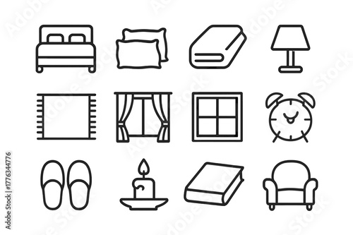 Bedroom Comfort Icons. Bedroom Comfort. Line icon set of Bedroom Comfort: bed, pillows, blanket, bedside lamp, rug, curtain, window, alarm clock, slippers,