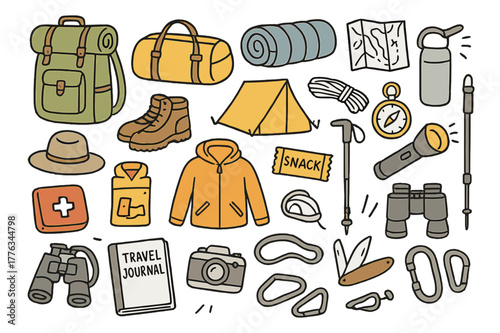Colorful Camping Gear. Camping pack. Hand-drawn doodle illustration backpack (colored), duffel bag (colored), sleeping bag (colored), water bottle (colored),