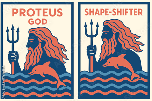 Proteus Sea Banner. Shape-Shifting Sea. Two vertical A6 banners with safe margins, centered composition, no elements touching edges, flat vector design, cobalt