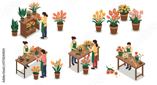 Isometric flower shop scene with florists arranging colorful bouquets and plants