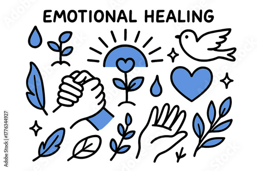 Emotional Healing Symbols. // Emotional healing. Hand-drawn doodle illustration Emotional healing [hands clasped (accented), heart (accented), flower sprout