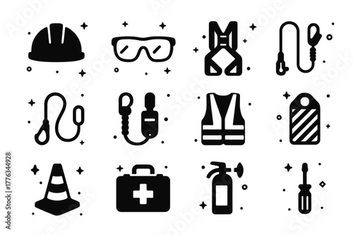 Solar Safety Icons. Solar safety and PPE. Solid icons set of Solar safety and PPE: hard hat, safety glasses, work gloves, full-body harness, lanyard, fall