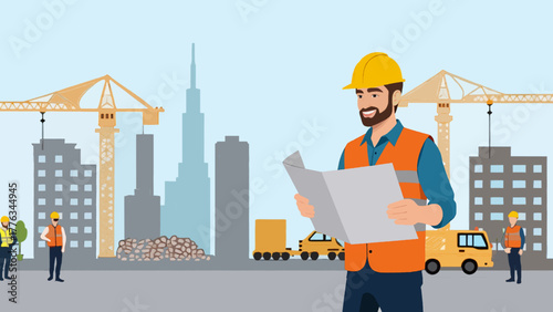 Civil Engineer Inspecting Building Construction Site Vector Illustration