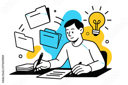 Creative Paperwork Organization. Organizing paperwork. A tidy desk with floating files, a hand holding a pen, and a lightbulb glowing in the background. Modern