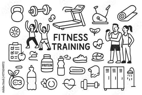 Fitness Training Icons. Fitness training illustration. Hand-drawn doodle illustration Fitness training illustration, gyms, dumbbells, barbells, treadmills,