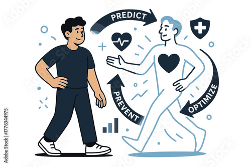 Health Digital Twins. Digital twins for health. A patient stands beside their glowing virtual twin; arrows loop through ?predict,? ?prevent,? ?optimize.? The