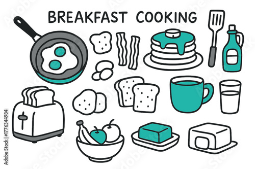 Vibrant Breakfast Doodles. // Breakfast cooking. Hand-drawn doodle illustration Breakfast cooking [frying pan (accented), eggs, bacon, pancake stack