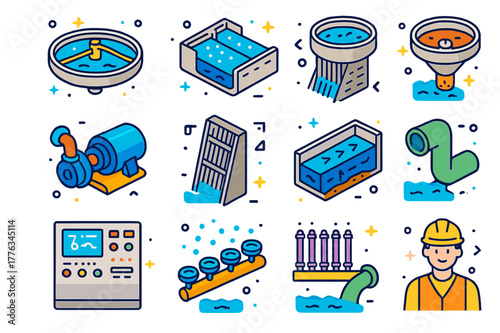 Colorful Wastewater Icons. Wastewater treatment plant. Colorful isometric vector icons set of Wastewater treatment plant: primary clarifier, aeration tank,