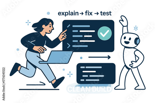 AI Code Mastery. AI Assistants ? Code Helper. The bot highlights a neat code block while a green check appears; arrows label ?explain > fix > test?. Caption