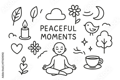 Meditative Icon Doodles. Peaceful moments. Hand-drawn doodle illustration peaceful moments person meditating, leaf, candle, flower, heart, cloud, sun, breeze