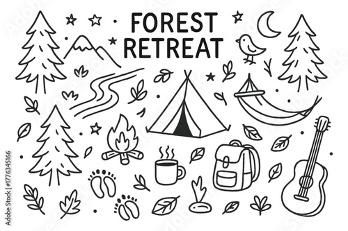 Forest Camp Icons. Forest retreat. Hand-drawn doodle illustration forest retreat pine trees, tent, campfire, stream, leaves, footprints, mug, stars, moon,